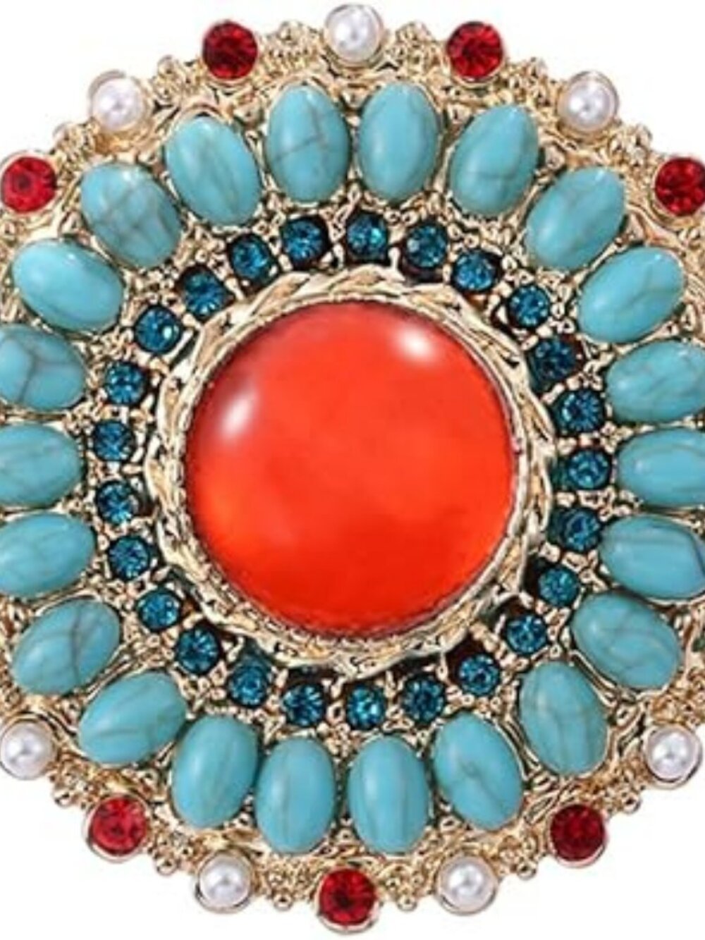 New - Sun Flower Brooch Pin Gold Toned Turquoise Ruby Red Blossom Flower Jewelry